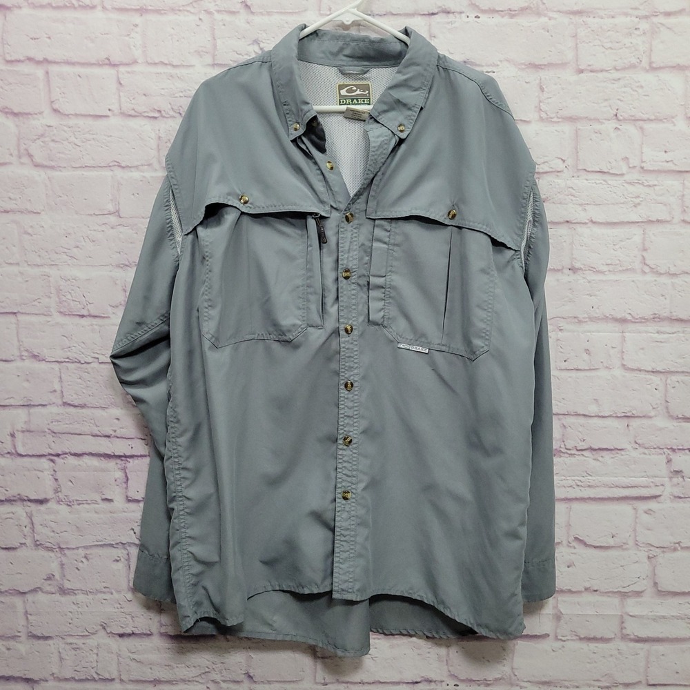 Drake Waterfowl Long Sleeve Fishing Button Shirt XL Gray Breathable Outdoor Tech